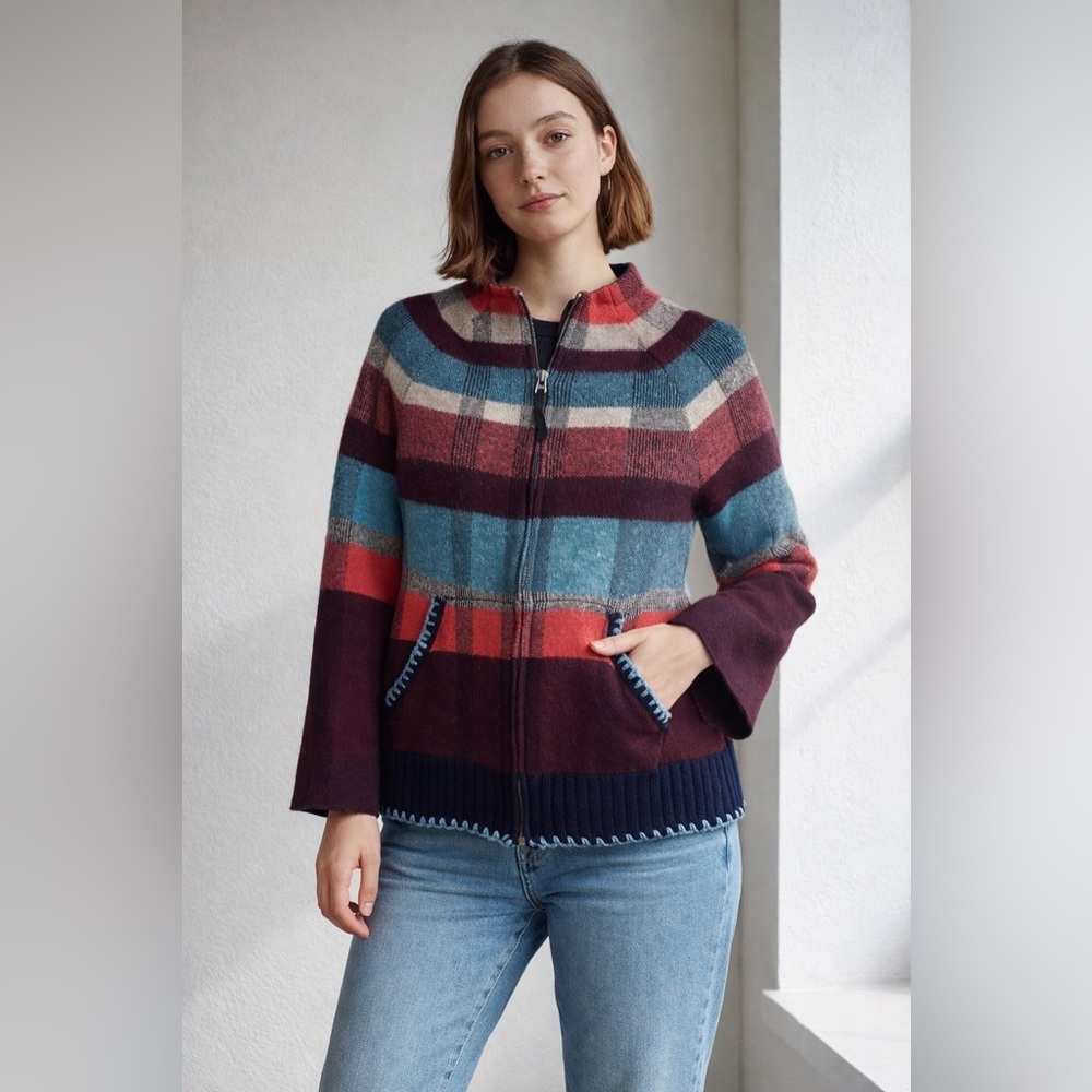Anthropologie Maeve Wool Blend Plaid Jacket Sweater Medium ZipFront Pockets Boho